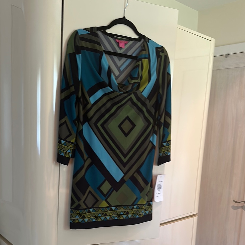 Sunny Leigh Blue and Black Long Sleeve Cowl Neck Sheath Dress